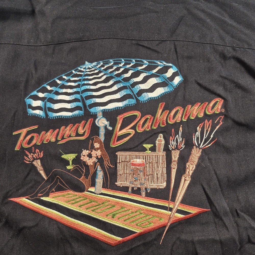 TOMMY BAHAMA 100% SILK Men Large Black Embroidered Patio King Short Sleeve Shirt